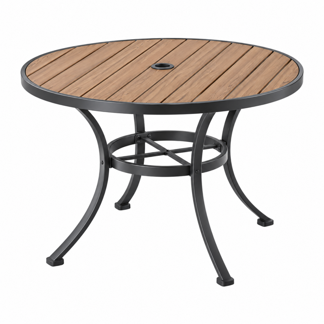 Runder Gartentisch Ø122 cm Holz Metall Braun Schwarz mit Sonnenschirmöffnung