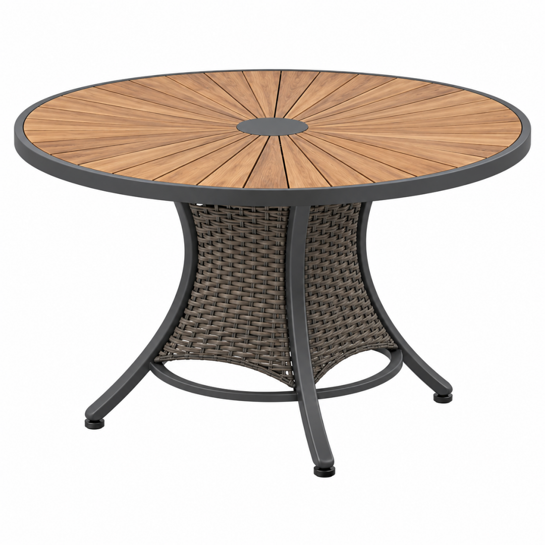 Runder Garten-Esstisch 120 cm Holz Braun mit Metallgestell und Geflecht