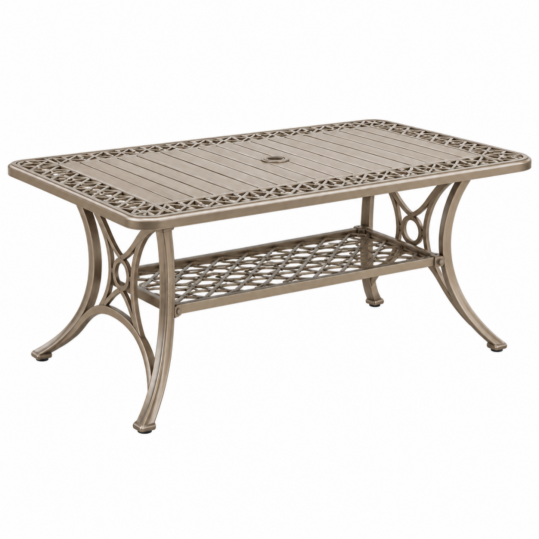 Gartentisch 150 x 90 x 73 cm aus Aluminium in Taupe - rechteckig mit Sonnenschirmöffnung
