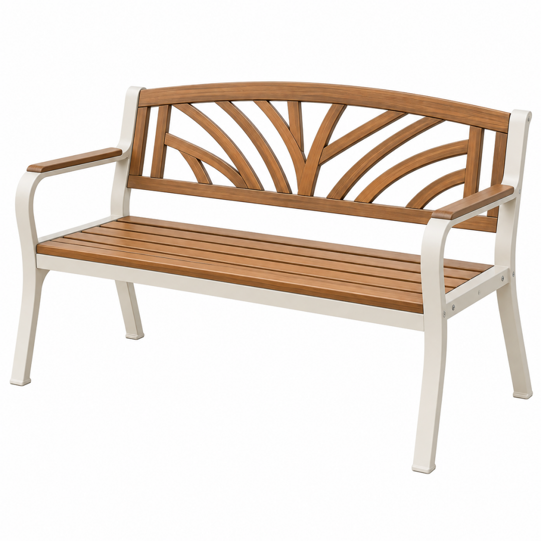 Gartenbank 122 cm Holz Metall Braun Weiß mit Armlehnen