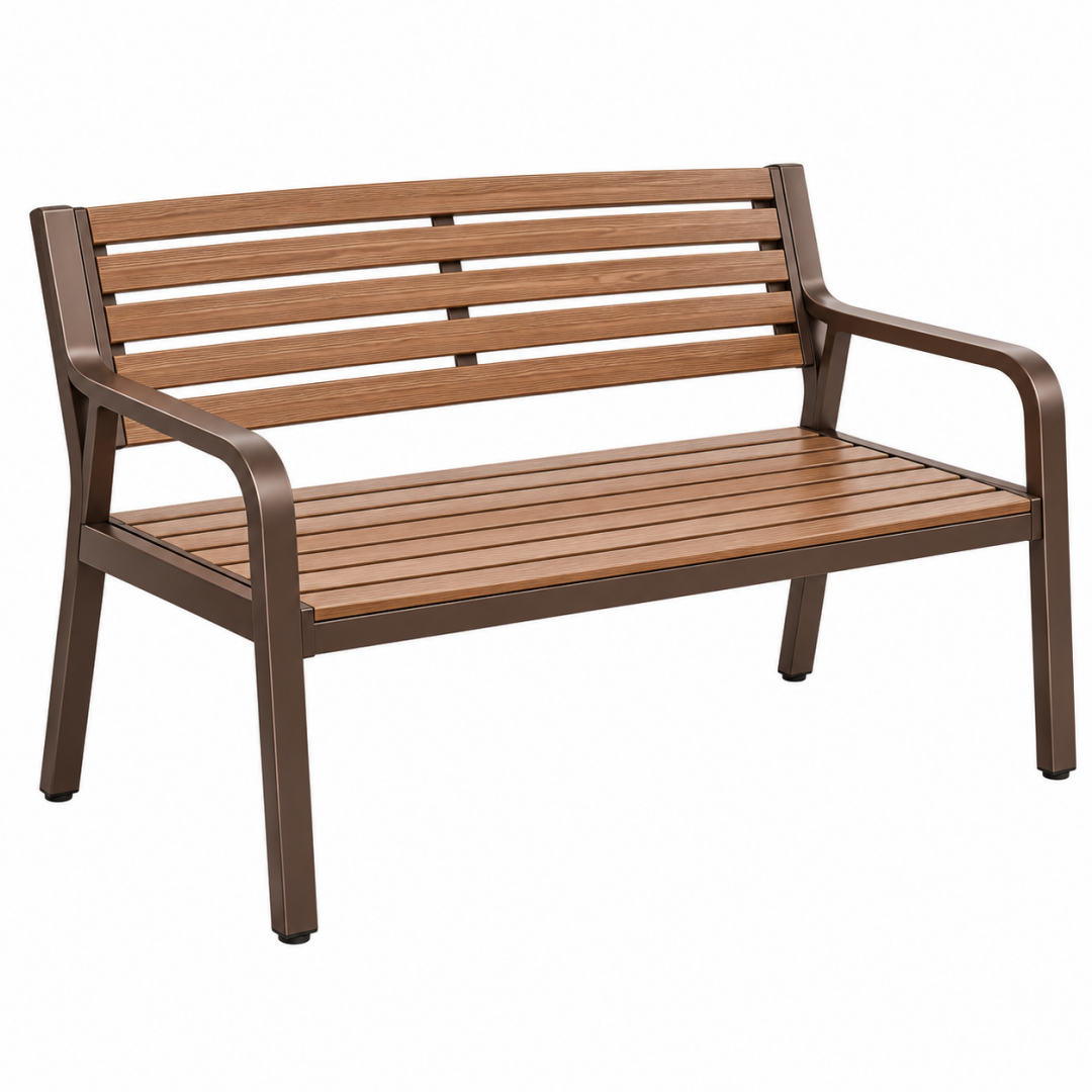 Gartenbank 120 cm Metall Kunststoff Holzoptik Braun für Terrasse und Balkon