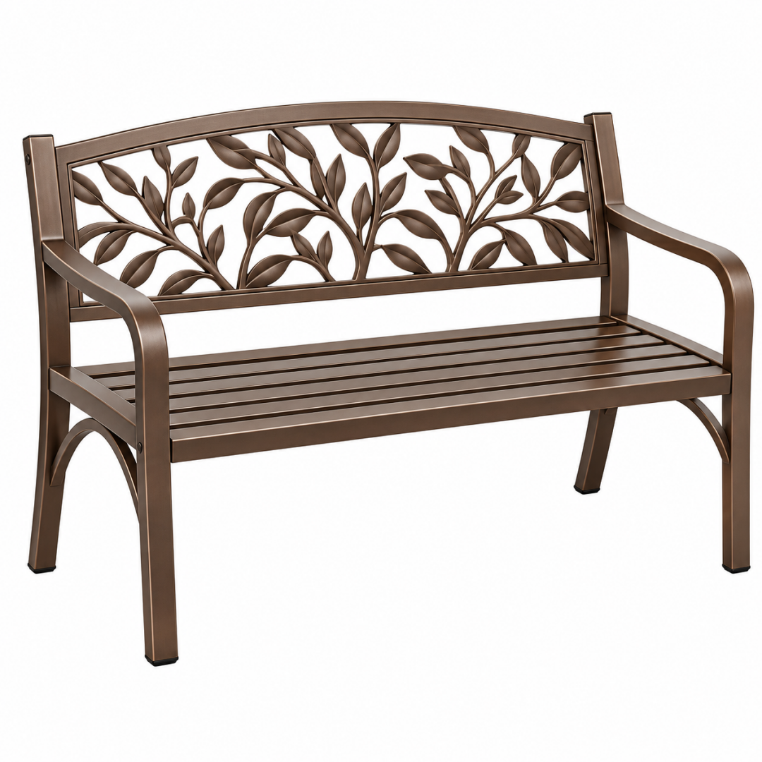 Gartenbank 128 x 60 x 90 cm aus Metall in Braun mit Blattdekor