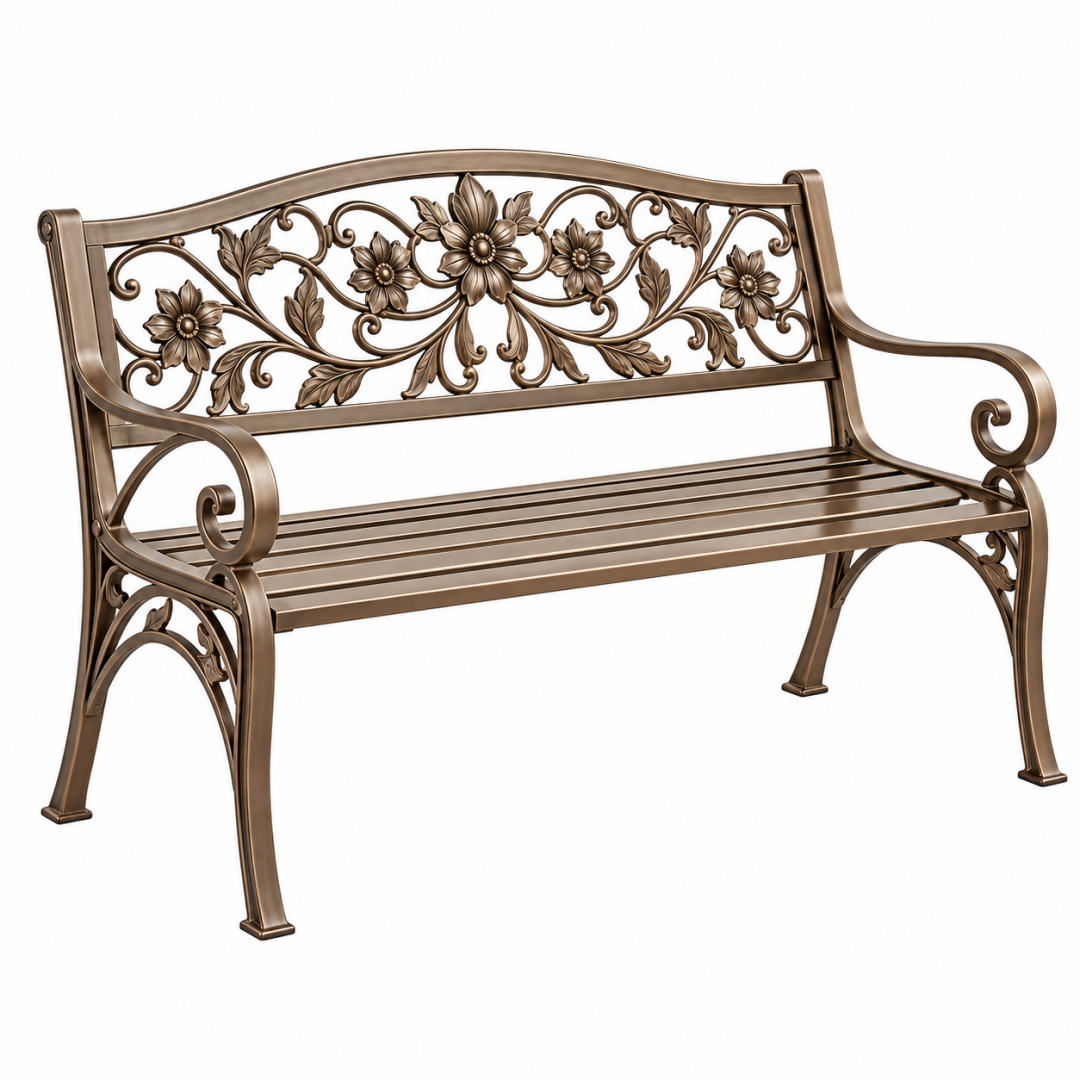 Gartenbank 125 cm Metall Bronze mit Blumenmuster und Armlehnen
