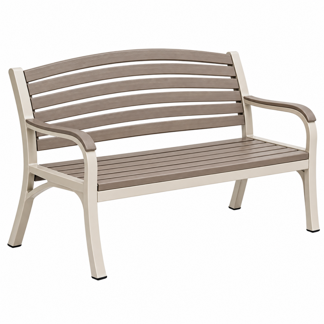 Gartenbank 127 x 66 x 88 cm Metall Kunststoff Holzoptik Braun Beige mit Armlehnen