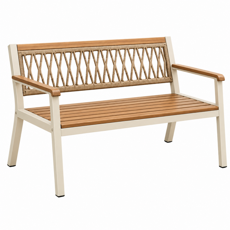 Gartenbank 122 cm aus Holz und Seilgeflecht in Beige Creme - Sitzbank mit Armlehnen