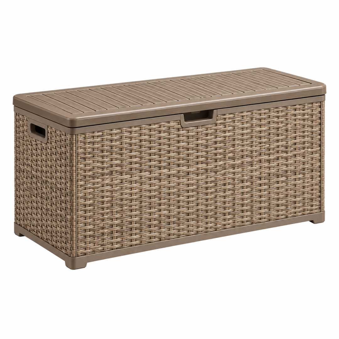 Aufbewahrungsbox 120 x 52 x 60 cm Kunststoff Taupe Rattanoptik für Garten und Terrasse