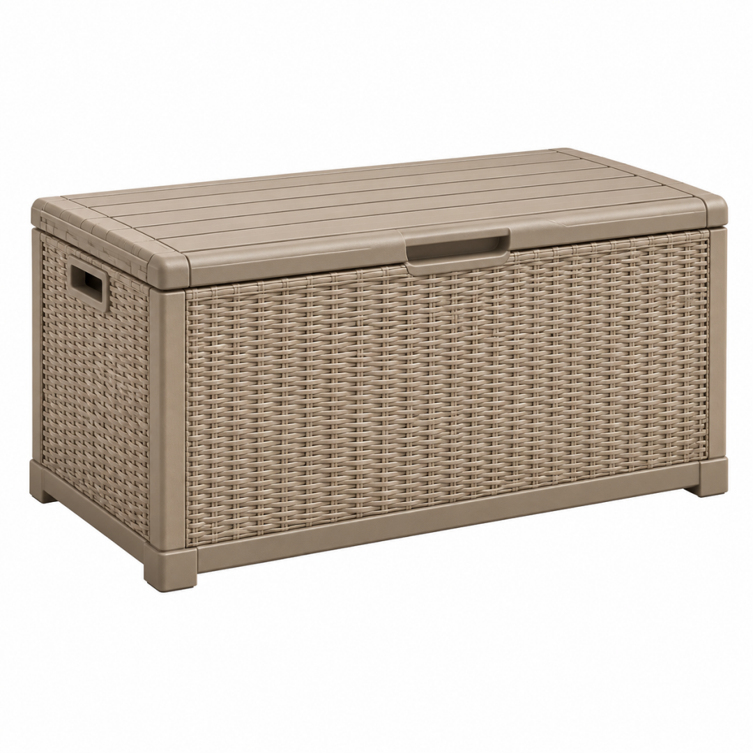 Aufbewahrungsbox 116 x 55 x 60 cm Kunststoff Taupe mit Deckel für Garten und Haushalt