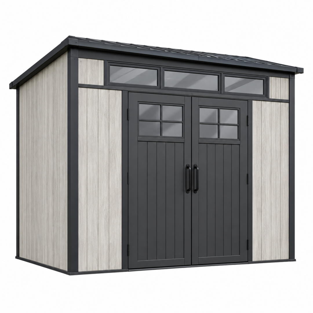 Gartenhaus 180 x 180 x 210 cm aus Kunststoff grau schwarz mit Doppeltür und Fenstern