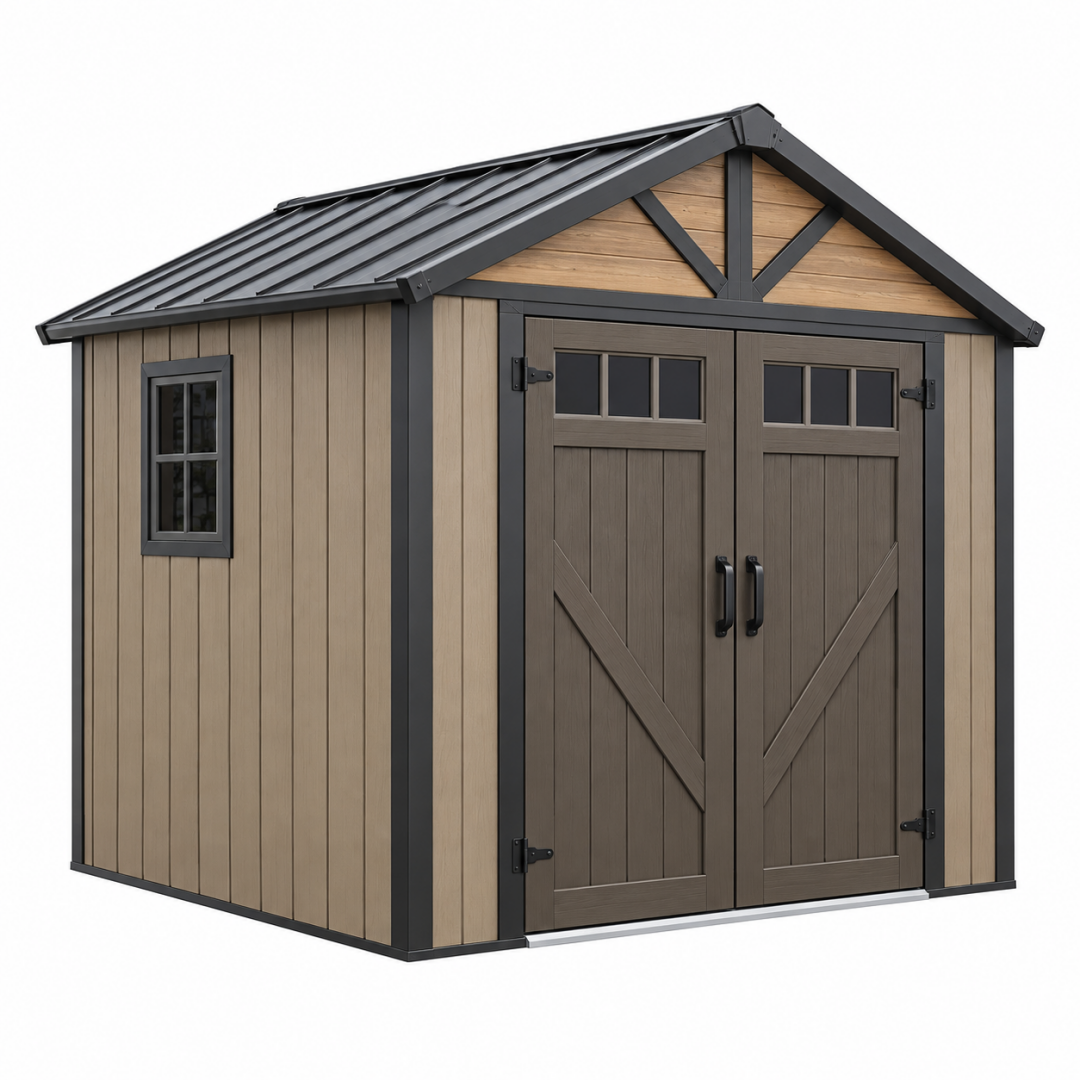 Gartenhaus 240 x 180 x 220 cm Kunststoff Holzoptik Braun mit Satteldach
